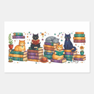 Sticker Rectangulaire Chats lisant des livres Scène de bibliothèque cosy