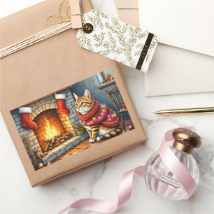 Sticker Rectangulaire Cheminée allumée abyssin avec lumières de Noël