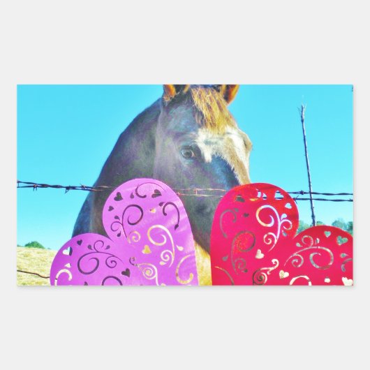 Sticker Rectangulaire Cheval blanc et Brown Valentine Coeurs (Devant)
