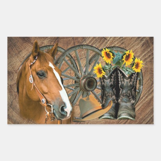 Sticker Rectangulaire Cheval Cowboy Boots Wagon Wheels Sunflowers Wester (Devant)