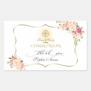 Sticker Rectangulaire Chic Blush Rose Floral Or Première Communion Saint