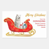 Sticker Rectangulaire Chien blanc Samoyé Sleigh de Noël (Devant)