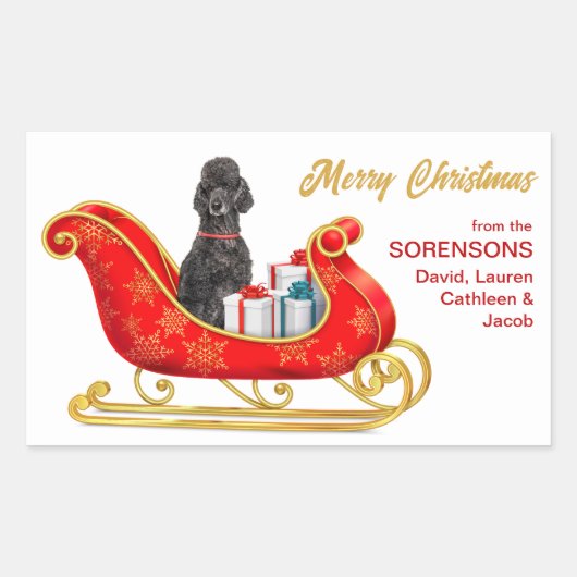 Sticker Rectangulaire Chien de caniche noir Sleigh de Noël (Devant)