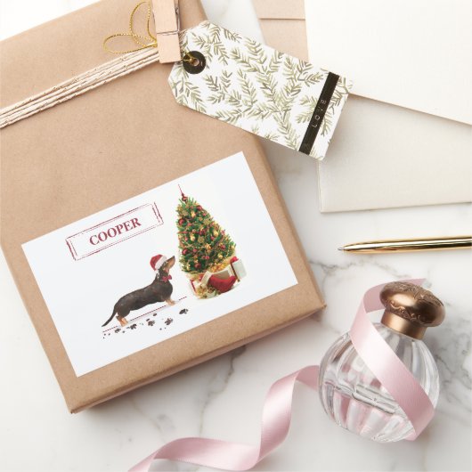 Sticker Rectangulaire Chien de Noël noir et Tan Dachshund drôle (Cadeaux)