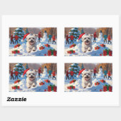 Sticker Rectangulaire Chien maltais courant dans la neige avec Casquette (Feuille)