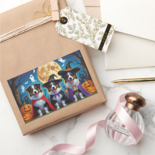 Sticker Rectangulaire Chiens bergers australiens Citrouille Halloween dr