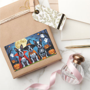 Sticker Rectangulaire Chiens de Boston Terrier Citrouille Halloween Funn