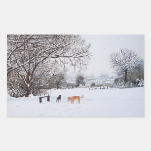 Sticker Rectangulaire chiens de noël paysage atmosphérique scène de neig