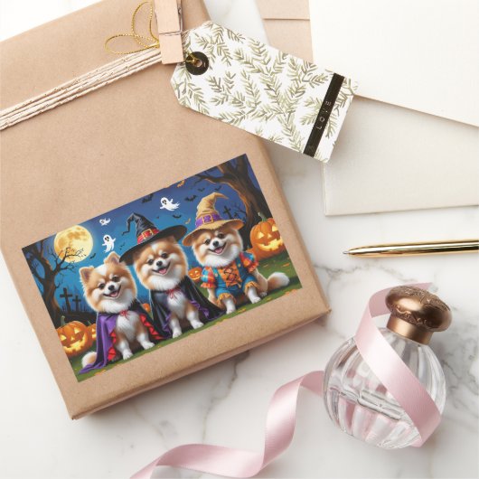 Sticker Rectangulaire Chiens de Poméranie Citrouille Halloween Funny (Cadeaux)