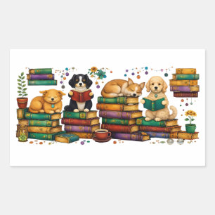 Sticker Rectangulaire Chiens lisant des livres Scène de bibliothèque cos