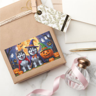 Sticker Rectangulaire Chiens malamuts de l'Alaska Citrouille Halloween d