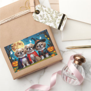 Sticker Rectangulaire Chiens Pekingese Citrouille Halloween drôle