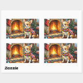 Sticker Rectangulaire Chihuahua Sitting Fireplace with Christmas Lights (Feuille)