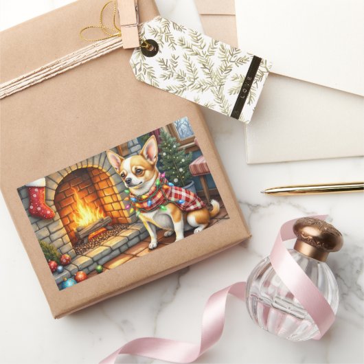 Sticker Rectangulaire Chihuahua Sitting Fireplace with Christmas Lights (Cadeaux)