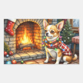 Sticker Rectangulaire Chihuahua Sitting Fireplace with Christmas Lights (Devant)