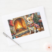 Sticker Rectangulaire Chihuahua Sitting Fireplace with Christmas Lights (Enveloppe)