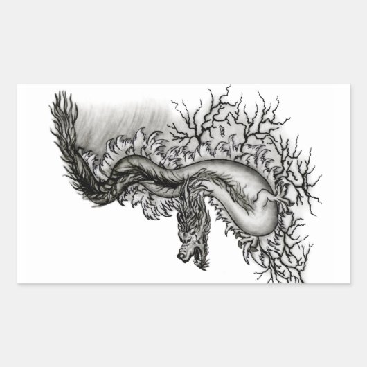Sticker Rectangulaire Chine Dragon, noir et blanc Design en Tattoostyl (Devant)