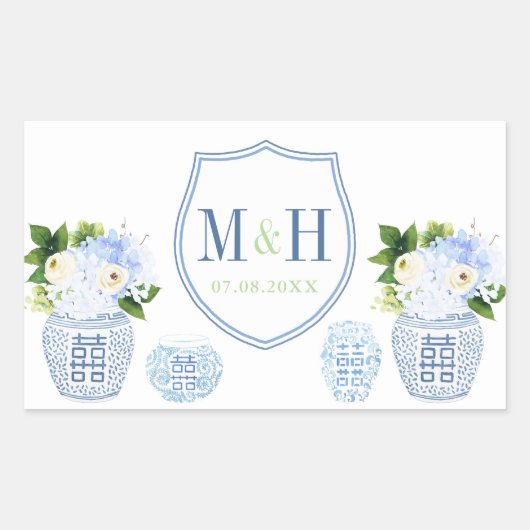 Sticker Rectangulaire Chinoiserie Chic Bleu & Blanc Mariage Crest Favori (Devant)