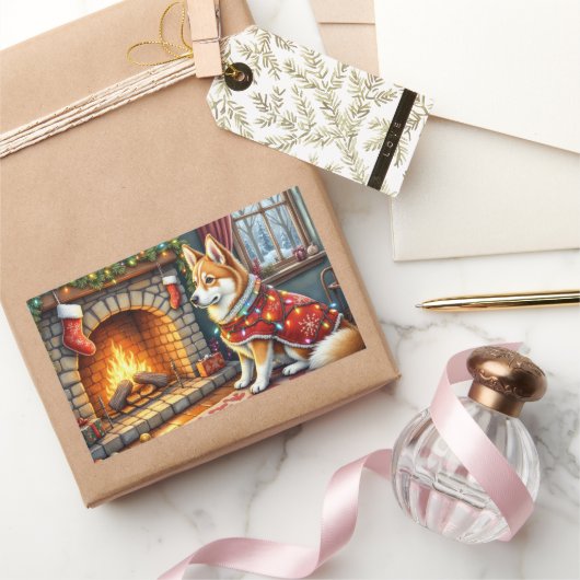 Sticker Rectangulaire Chinook Sitting by Fireplace with Christmas Lights (Cadeaux)