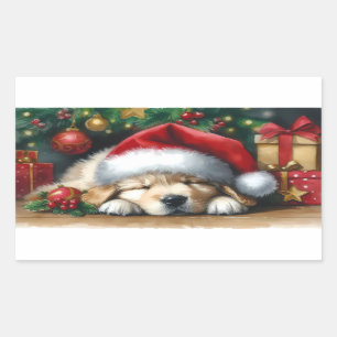 Sticker Rectangulaire Chiot de Noël Golden Retriever