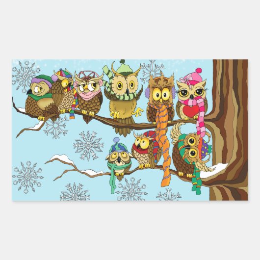 Sticker Rectangulaire Chouette mignonne Snowflakes d'hiver (Devant)