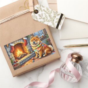 Sticker Rectangulaire Chow Chow Assis Devant une Cheminée avec des Lumiè