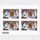 Sticker Rectangulaire Chow Chow coule en neige avec le Casquette de Noël (Feuille)