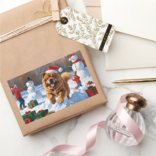 Sticker Rectangulaire Chow Chow courant dans la neige avec un chapeau de