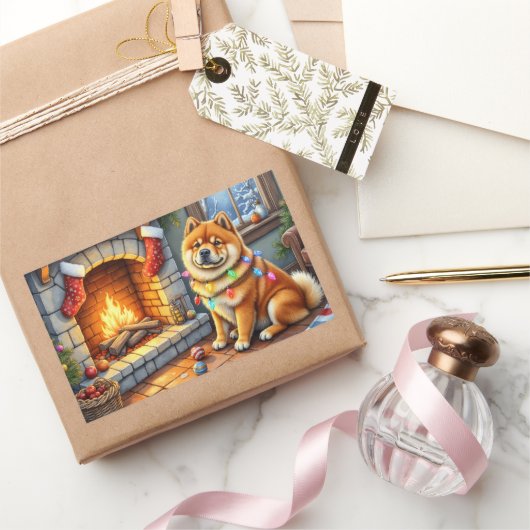 Sticker Rectangulaire Chow Chow Sitting Fireplace with Christmas Lights (Cadeaux)