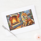 Sticker Rectangulaire Chow Chow Sitting Fireplace with Christmas Lights (Enveloppe)