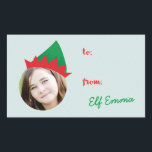 Sticker Rectangulaire Christmas Crew Elf Casquette Photo Holiday Étiquet<br><div class="desc">Marquez vos cadeaux avec un autocollant léger et amusant qui vous met dans un casquette elfe idiot. Pour que vos photos correspondent à l'espace nécessaire pour redimensionner ou rogner votre image à l'aide de l'outil "Modifier". Photographie � Shanna Russell Photographie,  San Antonio TX</div>