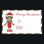 Sticker Rectangulaire Christmas Elf Boy Joyeux cadeau de Noël<br><div class="desc">Joli dessin animé teint moyen peau elf boy autocollants cadeau avec "To :" et "From :" espaces à écrire dans les noms! Le bord présente un design festif de bord rouge et vert !</div>