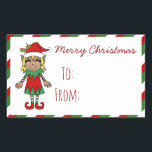 Sticker Rectangulaire Christmas Elf Girl Joyeux cadeau de Noël<br><div class="desc">Belle bande dessinée à peau moyenne teinte elf girl autocollants avec "To :" et "From :" espaces à écrire dans les noms! Le bord présente un design festif de bord rouge et vert !</div>