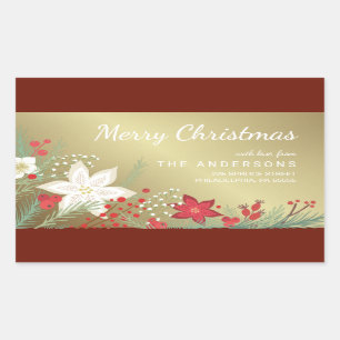 Sticker Rectangulaire Christmas Poinsettia Faux Gold Foil Adresse de ret