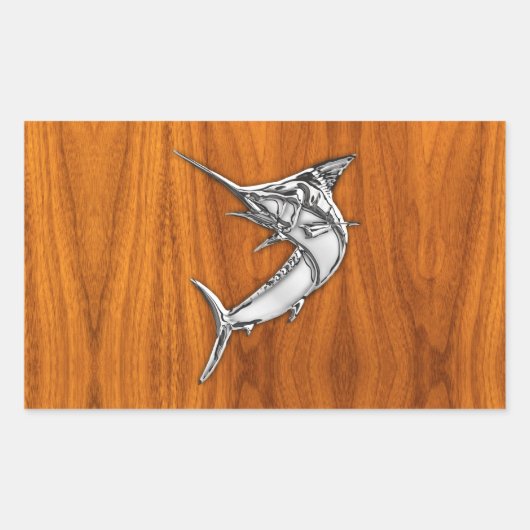 Sticker Rectangulaire Chrome Marlin sur bois de teck (Devant)