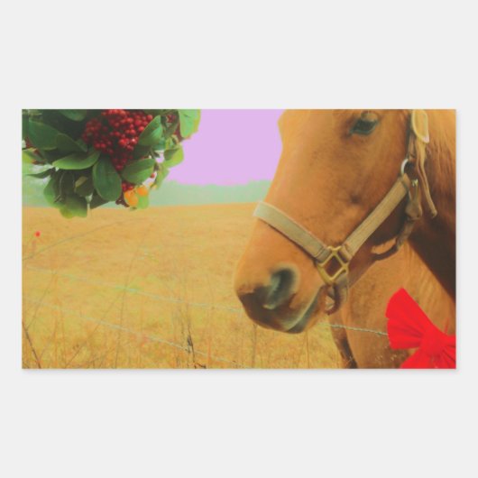 Sticker Rectangulaire Ciel rose rétro Cheval de Noël (Devant)