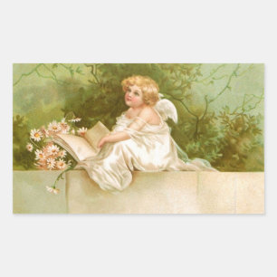 Sticker Rectangulaire Clapsaddle : Angel avec livre et fleurs