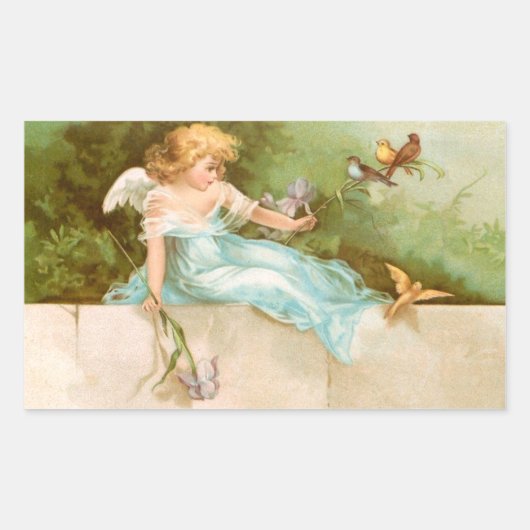 Sticker Rectangulaire Clapsaddle : Angel Jouer avec les oiseaux (Devant)