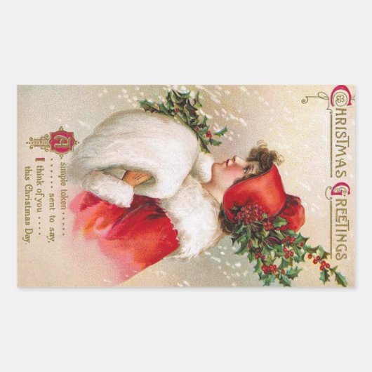 Sticker Rectangulaire Clapsaddle : Fille d'hiver avec le casquette de (Devant)