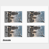 Sticker Rectangulaire Cleveland Ohio Skyline Winter Woodcut Black&White (Feuille)