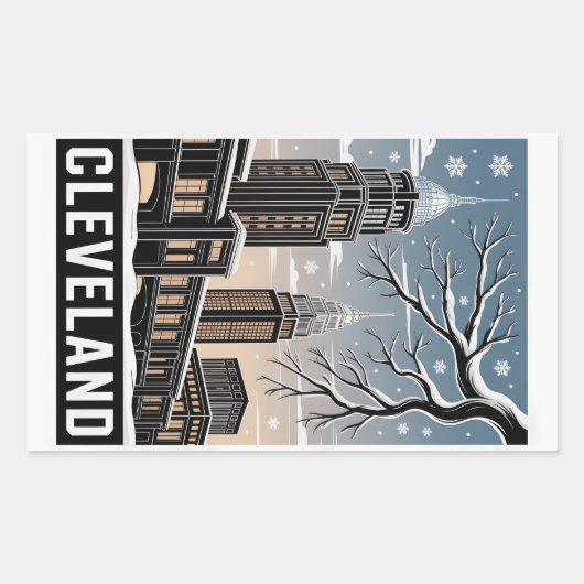 Sticker Rectangulaire Cleveland Ohio Skyline Winter Woodcut Black&White (Devant)
