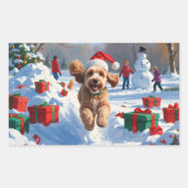 Sticker Rectangulaire Cockapo coule en neige avec Casquette de Noël (Devant)