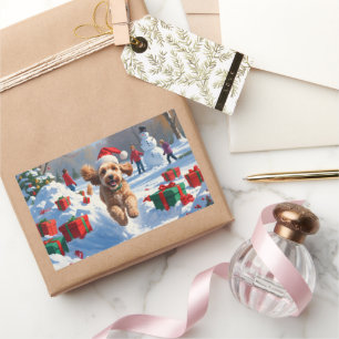 Sticker Rectangulaire Cockapoo courant dans la neige avec un chapeau de 