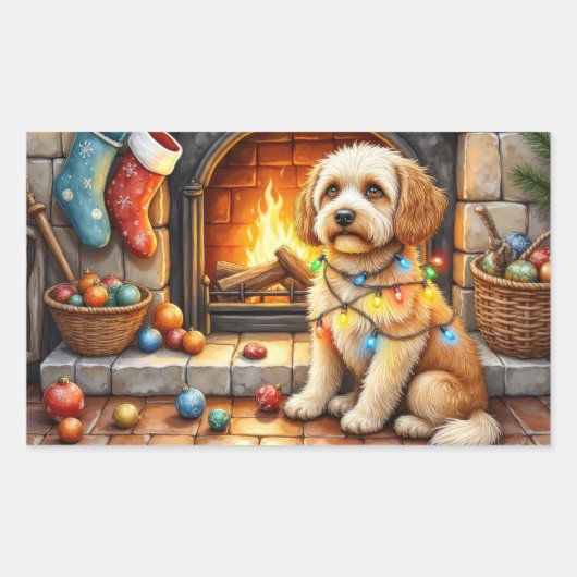 Sticker Rectangulaire Cockapoo Sitting by Fireplace with Christmas Light (Devant)