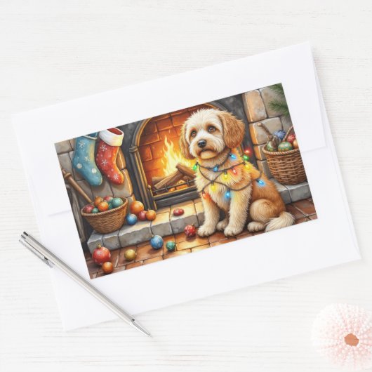 Sticker Rectangulaire Cockapoo Sitting by Fireplace with Christmas Light (Enveloppe)