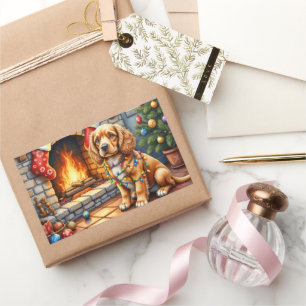 Sticker Rectangulaire Cocker Spaniel près de la cheminée avec des lumièr