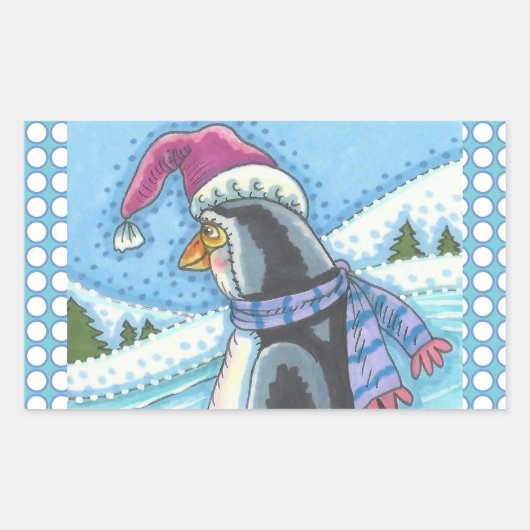 STICKER RECTANGULAIRE COEUR CHAUD FOND FROID, PENGUIN BÂTIMENTS DE NOËL (Devant)