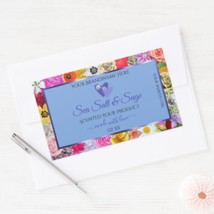 Sticker Rectangulaire Coloré Floral Bleu clair Produit Diamants Étiquett