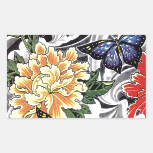 Sticker Rectangulaire Conception de tatouage de pivoine jaune et papillo