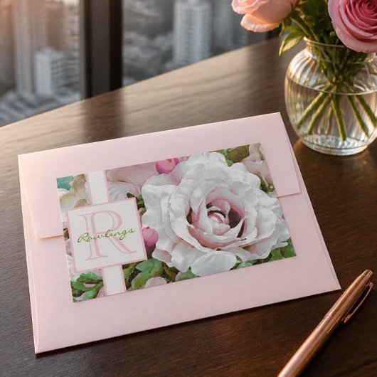 Sticker Rectangulaire Conception florale | Rose rose | Monogramme